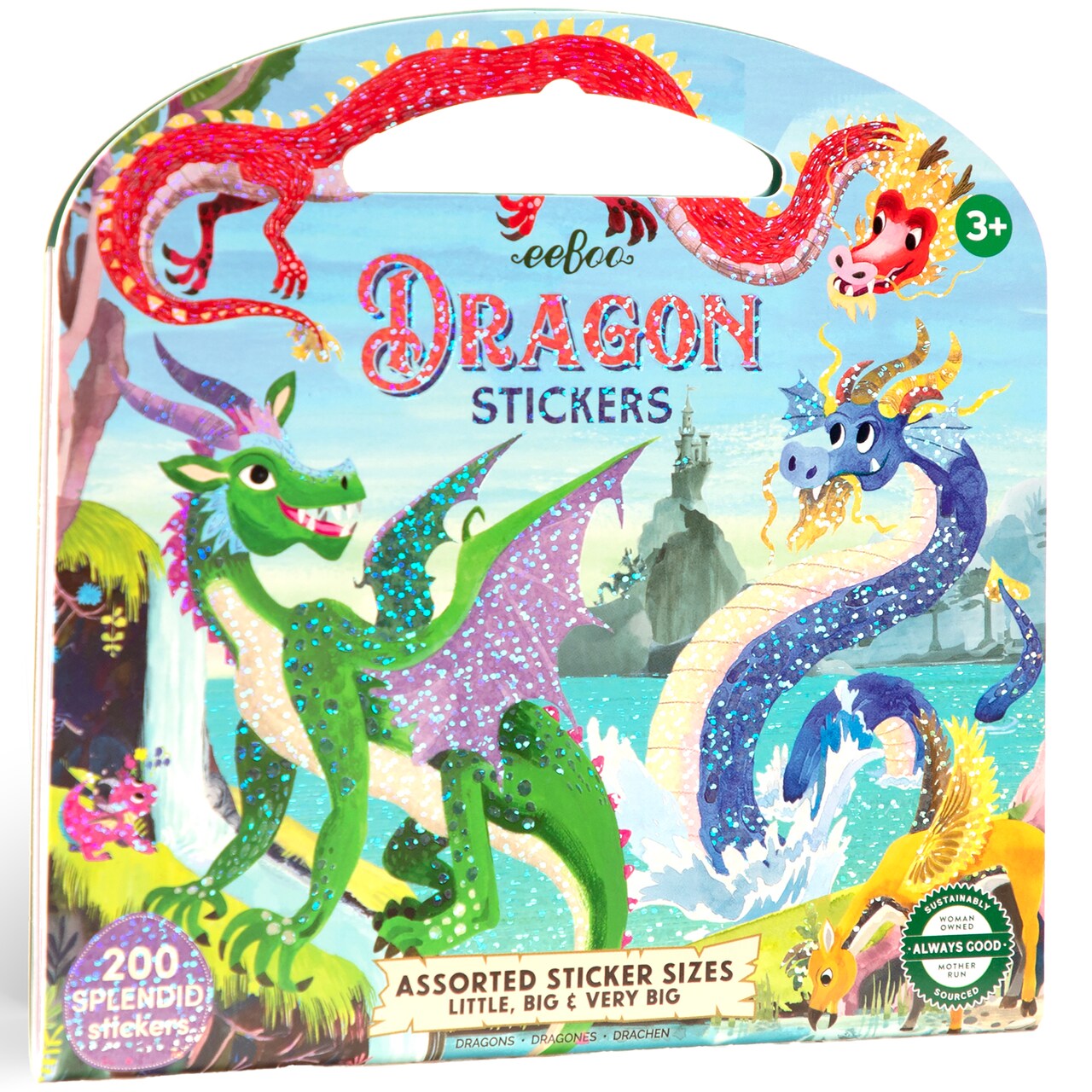eeBoo: Dragon Shiny Sticker Book - 200+ Sparkling Fantasy Stickers, 3 Sizes: Little-Big-Very Big, Carry Handle, Various Mythical Versions, Kids 3+